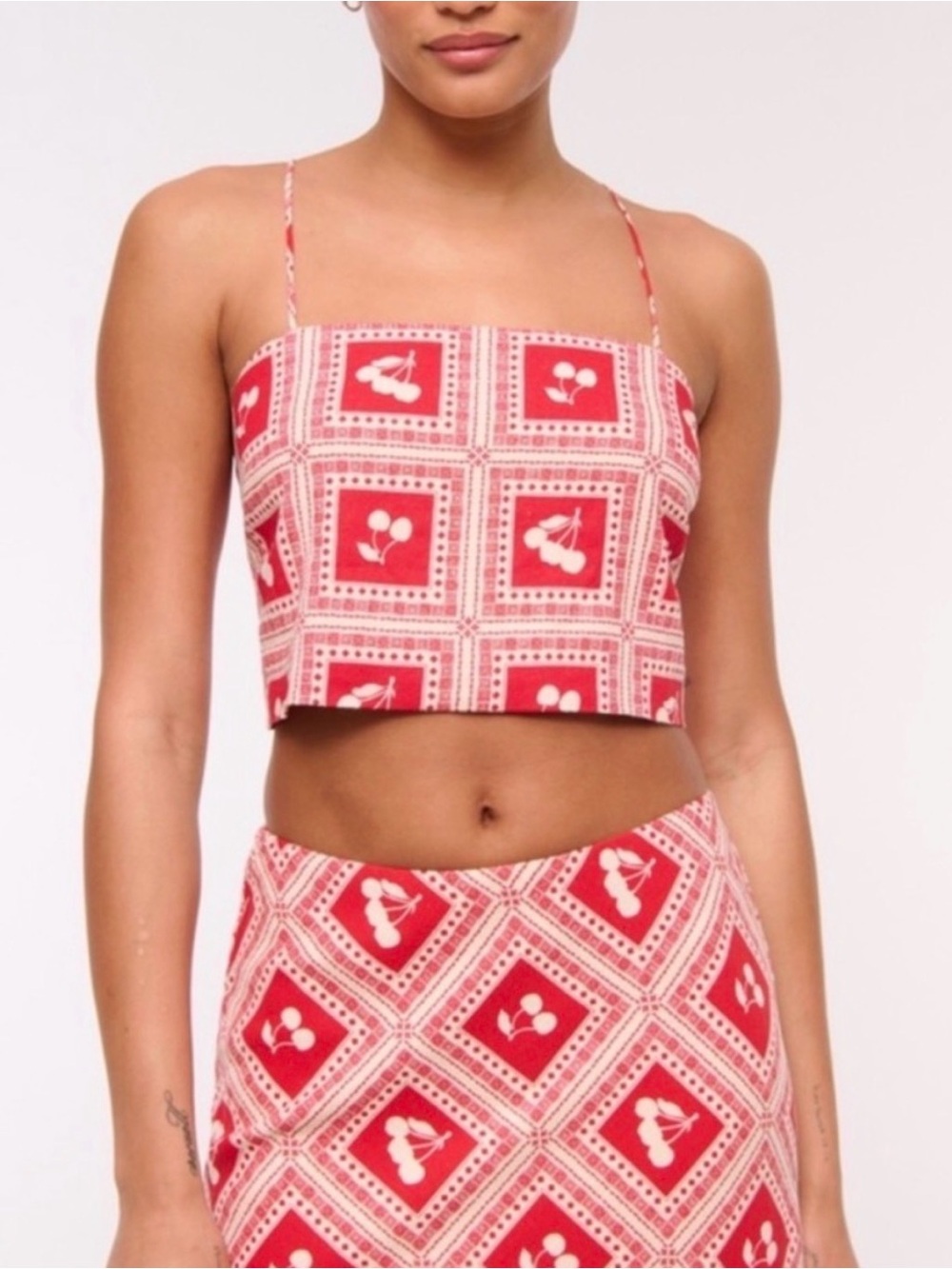 Abercrombie & Fitch Linen Blend Strappy Cherry Print Crop Top